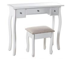 DRW Mesa de tocador con 3 cajones de Madera y Espejo y Taburete en Blanco y Espejo 90x32,5x80cm y Taburete 40x34x43cm