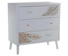 DRW Cómoda con 3 cajones de Madera DM con Relieve Hoja en Blanco y Dorado 80x40x80cm