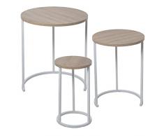 DRW Set de 3 mesas auxiliares Redondas de Madera y Metal en Blanco y Natural 48x58cm, 38x52,5 y 28x48cm