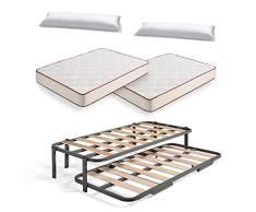 HOGAR24 ES Cama Nido Metálica Reforzada con 6 Patas + 2 Colchones Viscoelásticos Viscoferta + 2 Almohadas de Fibra Tacto Pluma, 90x200 cm