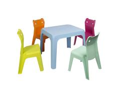 RESOL Set Jan Cat Mesa Infantil con Sillas | 4 Sillas Niños y Mesa de Plástico | Apilables y de Muy Fácil Limpieza y Mantenimiento | Mesa Azul + 4 Sillas Fucsia/Aqua/Naranja/Lima