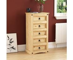 Home Discount® Corona - Cajonera, 5 cajones, Estrecha, Madera Maciza de Pino Mexicano Encerada