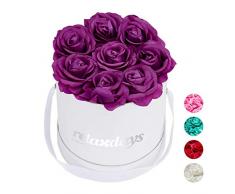 Relaxdays Rosas Artificiales, Caja de Flores Blanca, 8 Unidades, Ramo Decorativo, Flower box, Cartón-Tela-PP, Morado
