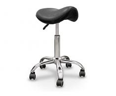 QUIRUMED Taburete Pony, Base cromada con 5 Ruedas, Color Negro, Ergonómico, Ligero, Altura Regulable, Relleno de Alta Densidad, Polipiel, hasta 150 kg