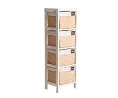 Lastdeco - Sinforner YEGEN | Sinfonier Color Blanco Natural de Madera Paulownia - Mueble Comoda Cajones - 4 Cajones de Mimbre - 30 x 24 x 97 cm