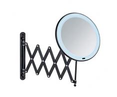 Wenko Espejo cosmético de pared telescópico con LED Barona, espejo cosmético con iluminación LED y 5 aumentos, interruptor de encendido/apagado táctil, funcionamiento con pilas o cable USB, negro