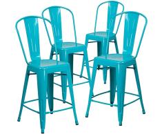 Flash Muebles 24 Alta Cristal Azul Metal Indoor-Outdoor Contador Altura Taburete con Respaldo, Metal, Crystal Teal-Blue, 4 Unidades