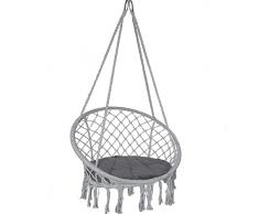 VOUNOT Silla Colgante Exterior con Flecos, Hamaca con Conjín Redondo, Ø80cm Silla Columpio para Interior y Exterior, Gris