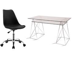 Eurosilla Conjunto Mesa Office compuesta de 2 caballetes métalicos y 2 Cristales + Silla giratoria BEATVINTAGE19N en Polipropileno, cojín Color Negro, 1