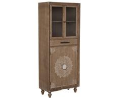 DRW Armario Vitrina con 4 Puertas y 1 Cajon de Madera y DM Decorado en Natural y Blanco 70,5x35,5x171cm