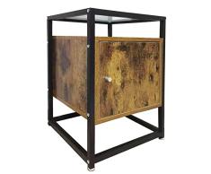 BAKAJI Mueble Mesita de Noche de Metal Madera y Cristal con Puerta y Estante, Vidrio ingeniería, Negro, M