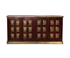 DRW Aparador con 4 Puertas de Madera con budas Dorados en Rojo y Natural 180x40x90cm