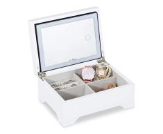 Relaxdays Joyero con Espejo y Luz LED 4 Compartimentos, DM-Cristal, Blanco, 10 x 20.5 x 15.5 cm
