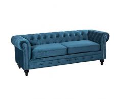 DRW Sofá chéster de 3 plazas de Terciopelo y Patas de Madera con 2 Cojines en Azul 197x77x70cm