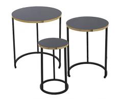 DRW Set de 3 mesas auxiliares Redondas de Madera y Metal en Negro y Dorado 48x58cm, 38x52,5 y 28x48cm