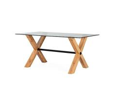 Shiito - Mesa Comedor - 90 x 160 x 75 cm - Modelo DT-165 - Mueble Moderno de Salón - con Patas de Madera en Cruz - 6 Comensales - Cristal Transparente