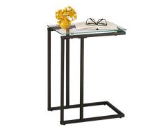 Relaxdays Auxiliar, Mesita Noche Forma de C, Tablero Vidrio, Marco Metal, Estilo Industrial, 60x30x45 cm, Negro