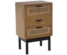 DRW Mesa de Noche con 3 cajones de Madera DM, Mimbre y Metal en Natural y Negro 40x30x65cm