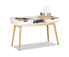 Relaxdays Escritorio, Diseño escandinavo, Dos cajones, 76 x 120 x 55 cm, Madera, Blanco-Marrón, tableros conglomerado DM