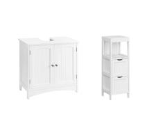 VASAGLE BBC01WT BBC01WT - Armario para Debajo del Lavabo, Madera, Blanco + Armario para baño Armario de almacenaje Botiquín Mesita de Noche Rinconera 2 Cajones Blanco BBC42WT