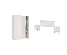 Armario 2 Puertas Correderas para Dormitorio o Habitación, Modelo Elliot, Acabado en Blanco Artik y Blanco Velho + Cabezal + Dos mesitas de Noche, Cabecero para Cama de Matrimonio, Modelo Sweet