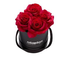 Relaxdays Rosas Artificiales en Caja Negra Redonda, 4 Unidades, Ramo Decorativo, Flower Box, Cartón-Tela-PP, Rojo