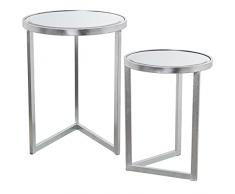 DRW Set de 2 mesas auxiliares Redondas de Metal y Espejo en Plateado 42x54cm y 36x48cm