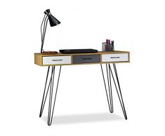 Relaxdays, 75 x 100 x 50 cm, Marrón-Blanco-Gris Escritorio de diseño, Tres cajones, Moderno, Mesa de PC, DM-Hierro