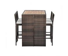 Teamson Home 5 Piezas de Muebles de Ratán para Jardín al Aire Libre, Set de Bar Mesa y Silla de Comedor Alta con Parte Superior de Madera y Cojines Extraíbles