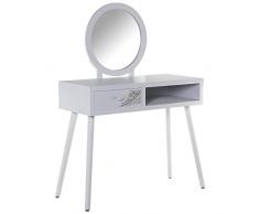 DRW Mesa tocador con 1 cajón de Madera DM con Relieve Hoja y con Espejo en Blanco y Dorado 90x40x80cm, Espejo 50cm