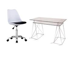 Eurosilla Conjunto Mesa Office compuesta de 2 caballetes métalicos y 2 Cristales + Silla giratoria BEATVINTAGE19 en Polipropileno Blanco, con cojín Color Negro, 1