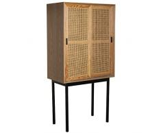 DRW Aparador con 2 Puertas correderas de Madera DM, Mimbre y Metal en Natural y Negro 76x40x154cm