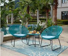 Möbilia® Conjunto de Muebles de jardín de 5 Piezas de polirratán, Metal, Cristal de Seguridad, L = 0 x B = 0 x H = 0 cm, Color Turquesa, Patas Negras, cojín Azul Claro