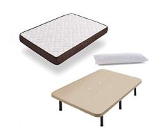 HOGAR24 ES Cama Completa - Colchón Viscobrown Reversible + Base Tapizada 3D + 6 Patas de 26cm + Almohada de Fibra, 135x190 cm