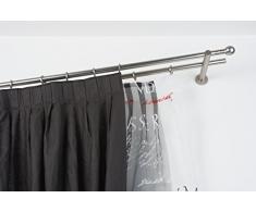 InCasa Barra Doble para Cortina, 20 mm. de diámetro, 140 cm. de Longitud, con tappo Chic en Acero cepilado – Completo