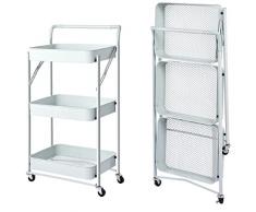 Carrito de Cocina Plegable Multiusos con Mango de 3 estantes, cestas de 4 Ruedas giratorias y Freno Integrado de Metal, Carrito de Ahorro de Espacio de Servicio Blanco