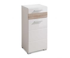 trendteam Armario de baño Cómoda Mezzo, 37 x 79 x 31 cm en blanco brillante, detalles en acabado roble claro cepillado con estructura acanalada con mucho espacio