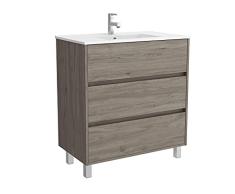 Conjunto Mueble baño 80 cm con Lavabo 100% montado de fábrica | Modelo Arenys acabado Madera Roble Eternity a suelo 3 cajones cierre amortiguado con Lavabo porcelana blanca | Tiradores tipo uñero