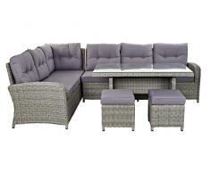 DRW Set de Sofa esquinero de Jardin de 7 plazas, Mesa Comedor y 2 Puff de Ratan Sintetico Marron y Cojines Grises 200X100X75 cm Mesa y Cristal de 5 mm