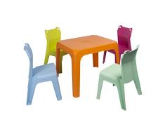 RESOL Set Jan Frog Mesa Infantil con Sillas | 4 Sillas Niños y Mesa de Plástico | Apilables y de Muy Fácil Limpieza y Mantenimiento | Mesa Naranja + 4 sillas Fucsia/Aqua/Lima/Azul