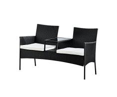 Teamson Home Muebles de Jardín, Patio y Al Aire Libre, Banco Sofá Biplazade Mimbre de Ratán con 2 Asientos Acolchados y Mesa y Estante Central de Vidrio Integrados, Negro