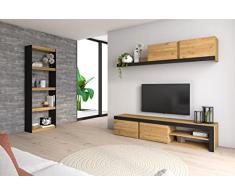 Skraut Home | Conjunto de Salón Modular IDEM y Estantería Totem| Mueble TV | Muebles de Salón y Biblioteca Color Roble/Negro | 200x40x180cm / 60x25x181cm