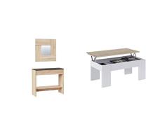 Habitdesign Mueble Recibidor con Cajón y Espejo, Mueble Consola + Mesa de Centro Elevable, Mesita de Salón o Comedor, Modelo LC, Acabado en Color Blanco Artik y Roble Canadian