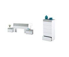 Habitdesign 0L6096A Cabezal Y Mesitas, Conjunto De Dormitorio, Melamina, Blanco Artik Y Gris Cemento, 176 X 96,5 Cm + 0L7836A Cómoda Chinfonier 5 Cajones, Melamina