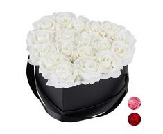 Relaxdays Rosas Artificiales, Caja de Flores Negra, 18 Unidades, Ramo Decorativo, Flower Box, Cartón-Tela-PP, Blanco