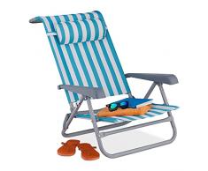 Relaxdays Tumbona Playa Plegable, Reclinable, 8 Niveles, Silla Piscina Reposacabezas, Abrebotellas, Rayas, Blanco-Azul, 1 Pieza