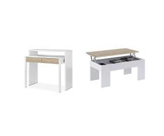Habitdesign 0F4582A Mesa Escritorio Extensible, Mesa Estudio Consola, Color Blanco Artik y Roble Canadian, Medidas: 98,5x87,5x36-70 cm de Fondo + Mesa de Centro Elevable