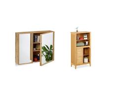 Relaxdays Auxiliar de Pared con 2 Puertas, Madera, Marrón, 14x65x50.5 cm & Armario Bambú, Aprox. 92x50x25cm, Mueble Auxiliar Baño con Puertas, 2 Estantes Extraíbles, Marrón Natural, 25x50x92 cm
