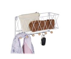 Relaxdays Estantería Pared con Perchero 6 Ganchos, Balda Flotante Diseño Rejilla, Metal y Madera, 17x36x13 cm, Blanco, Hierro