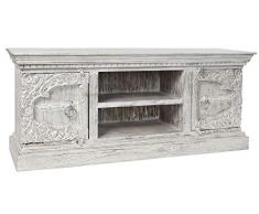 Mueble de TV con 2 Puertas y 2 Estantes de Mango y Metal en Decape Blanco 160x40x65cm